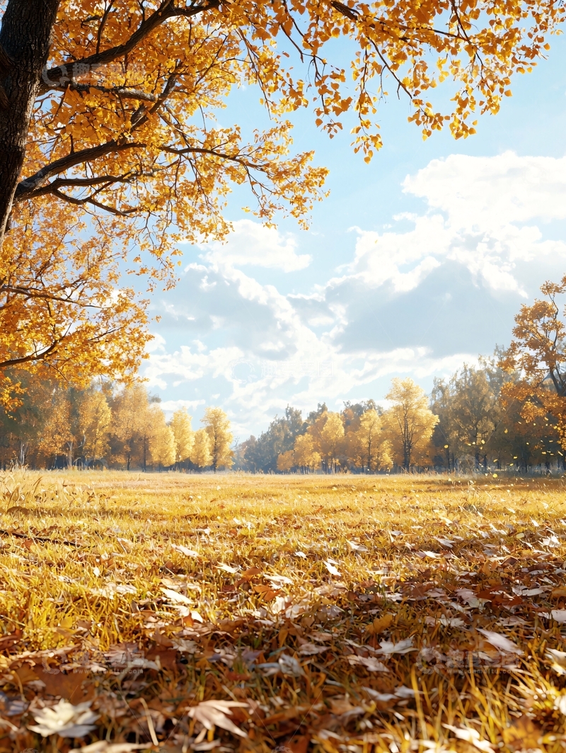 高清大图下载【趣麦麦图】秋日金黄落叶草地