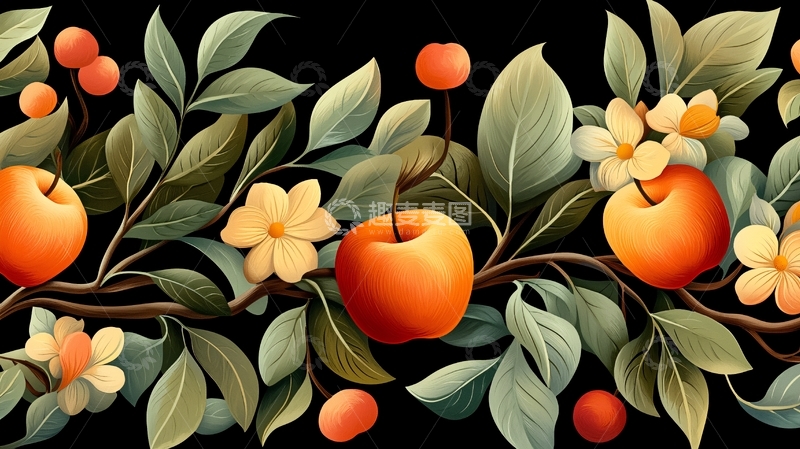 高清大图下载【趣麦麦图】苹果花叶复古图案