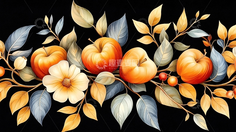 高清大图下载【趣麦麦图】苹果与花卉装饰艺术边框