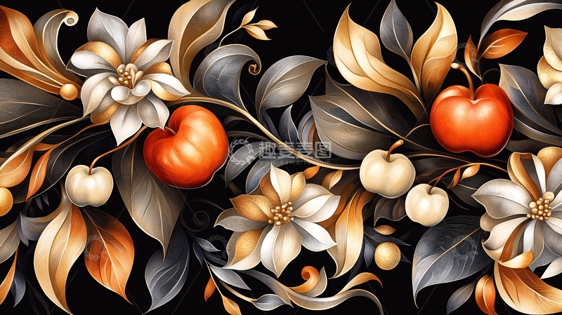 高清大图下载【趣麦麦图】花朵苹果藤蔓的华丽纹样