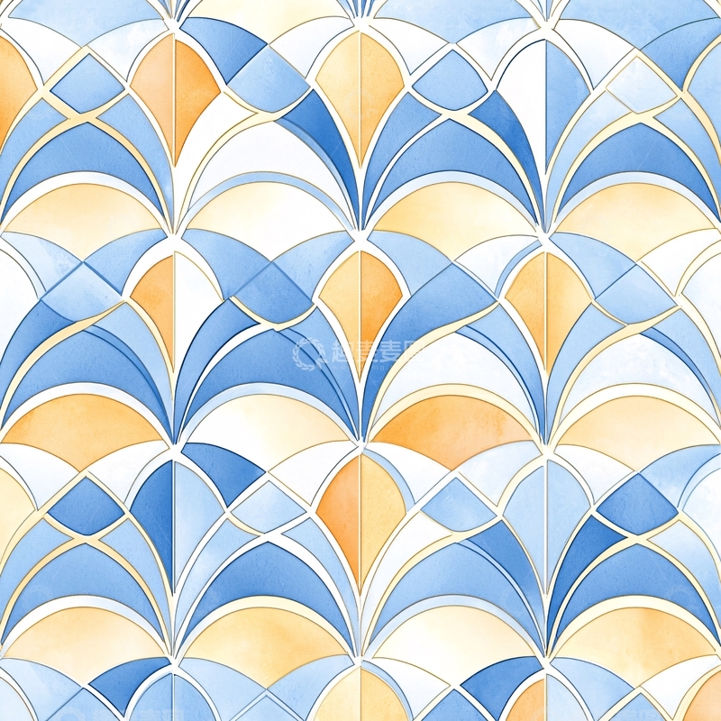 高清大图下载【趣麦麦图】蓝橙扇形几何水彩图案