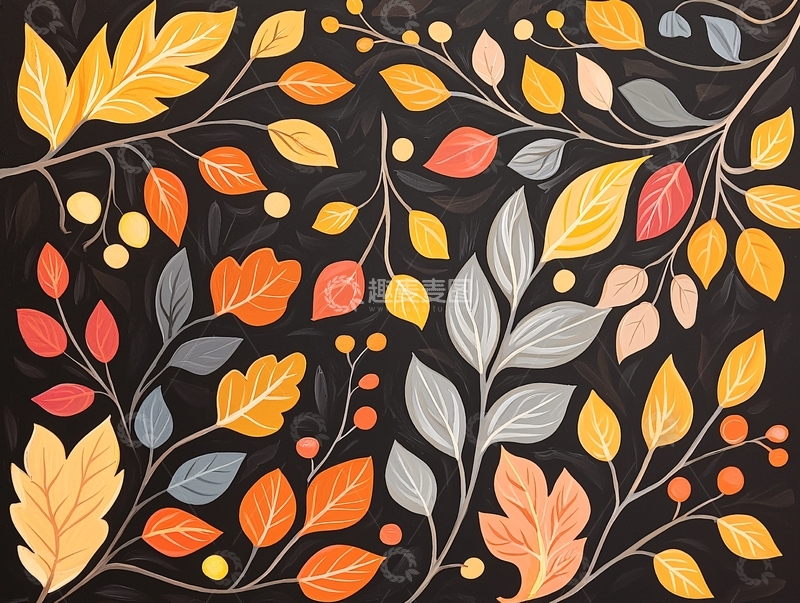 高清大图下载【趣麦麦图】秋叶图案黑色背景