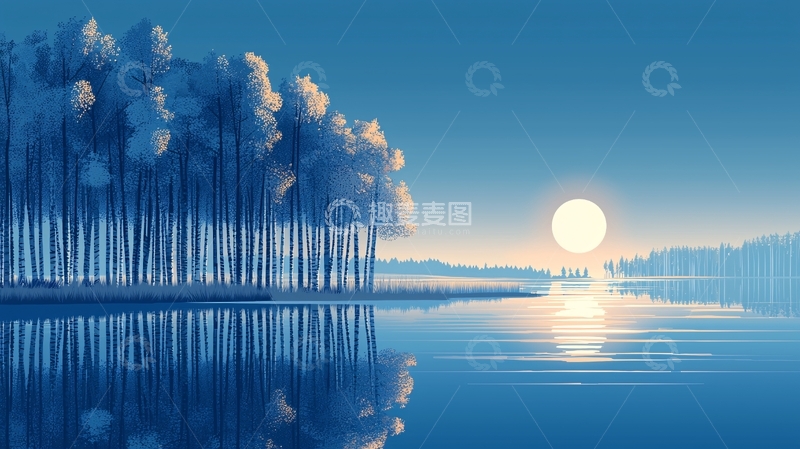 高清大图下载【趣麦麦图】静谧湖面森林月光唯美风景