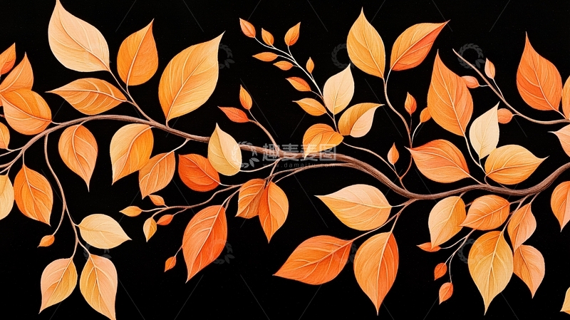 高清大图下载【趣麦麦图】橙色树叶缠绕枝条