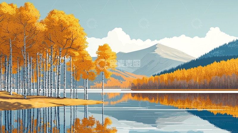 高清大图下载【趣麦麦图】秋日湖畔金色树林倒影