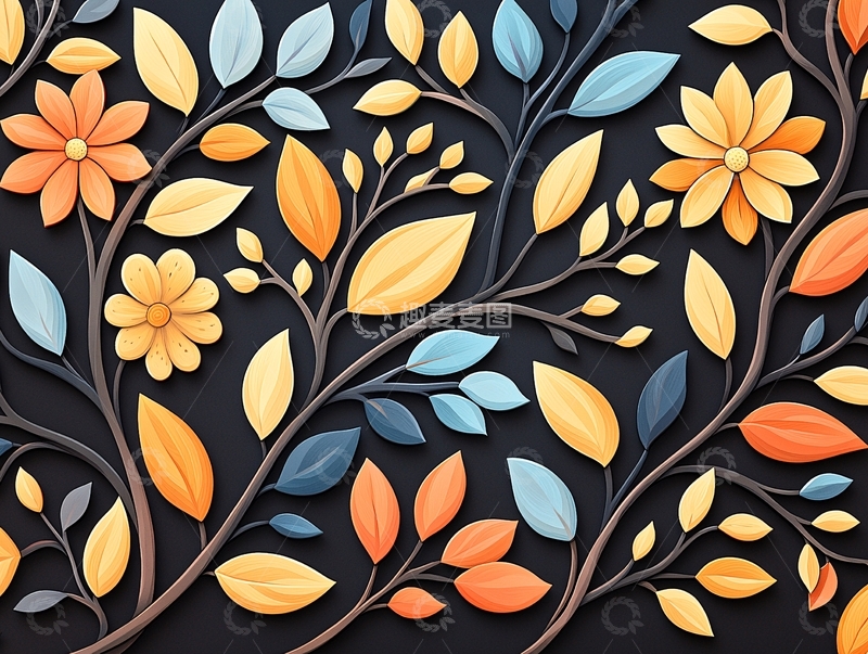 高清大图下载【趣麦麦图】精致花卉与树叶图案