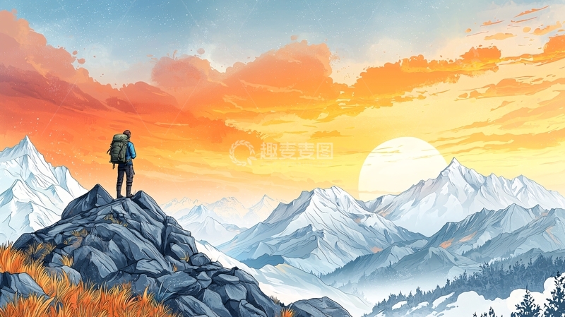 高清大图下载【趣麦麦图】登山者眺望日出美景