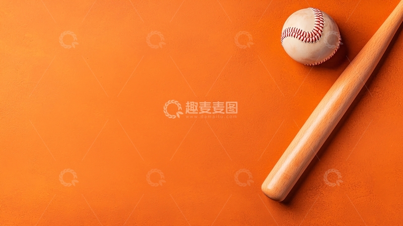 高清大图下载【趣麦麦图】橙色背景下的棒球与球棒