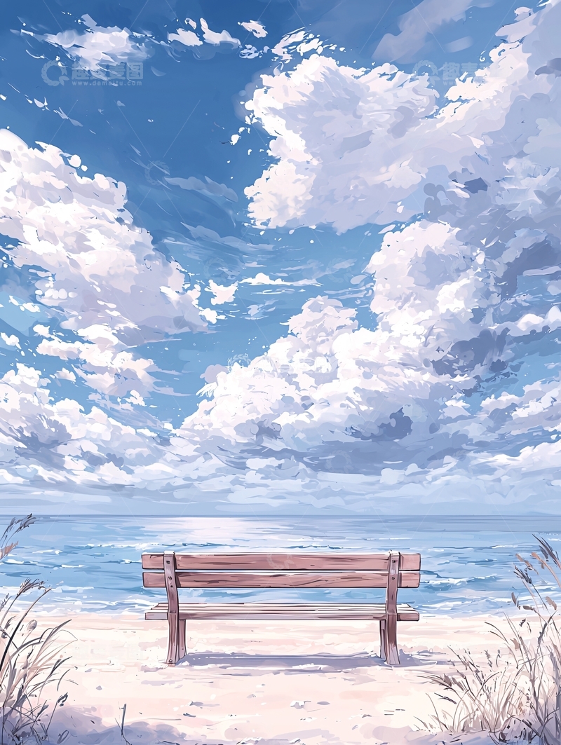 高清大图下载【趣麦麦图】海边长椅仰望天空的云
