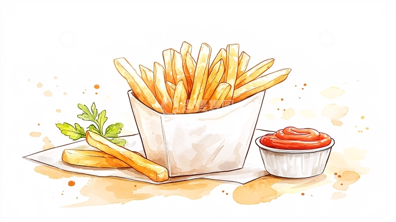 高清大图下载【趣麦麦图】炸薯条和番茄酱的绘画
