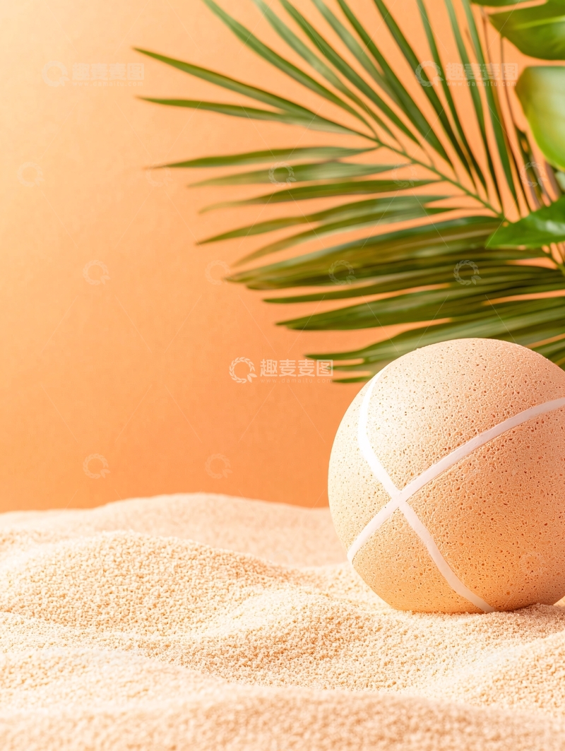 高清大图下载【趣麦麦图】米色球体与棕榈叶沙滩