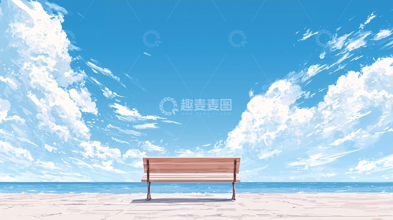 高清大图下载【趣麦麦图】晴空万里下的海边长椅