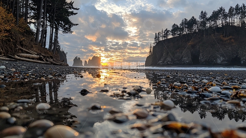 高清大图下载【趣麦麦图】海滩日落倒影静谧氛围