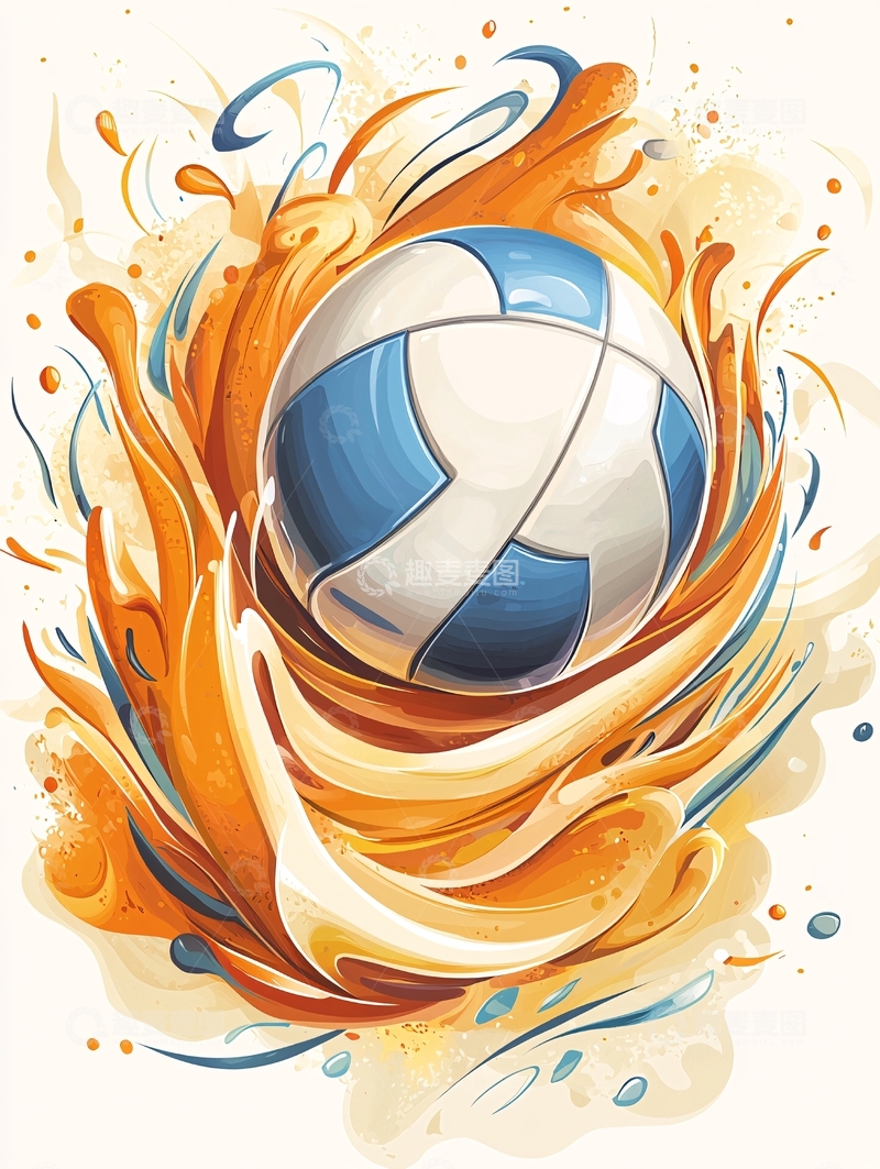 高清大图下载【趣麦麦图】蓝白相间排球与橙色水花