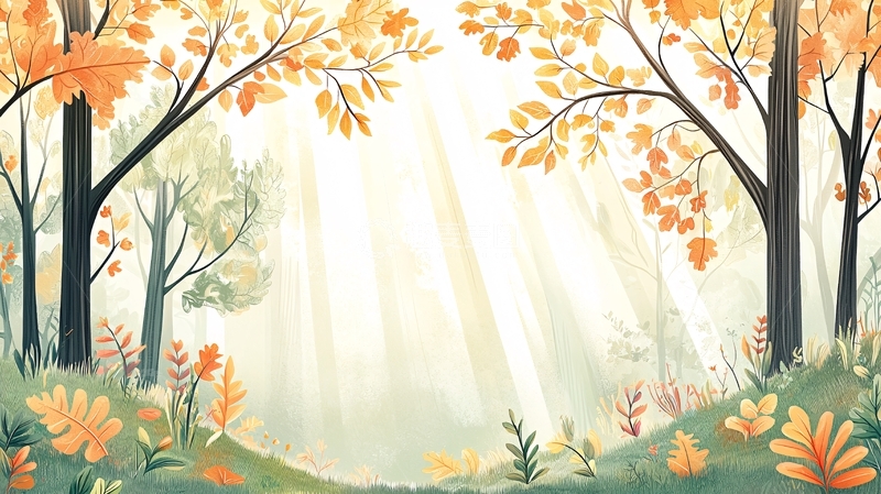 高清大图下载【趣麦麦图】秋季森林光束水彩画