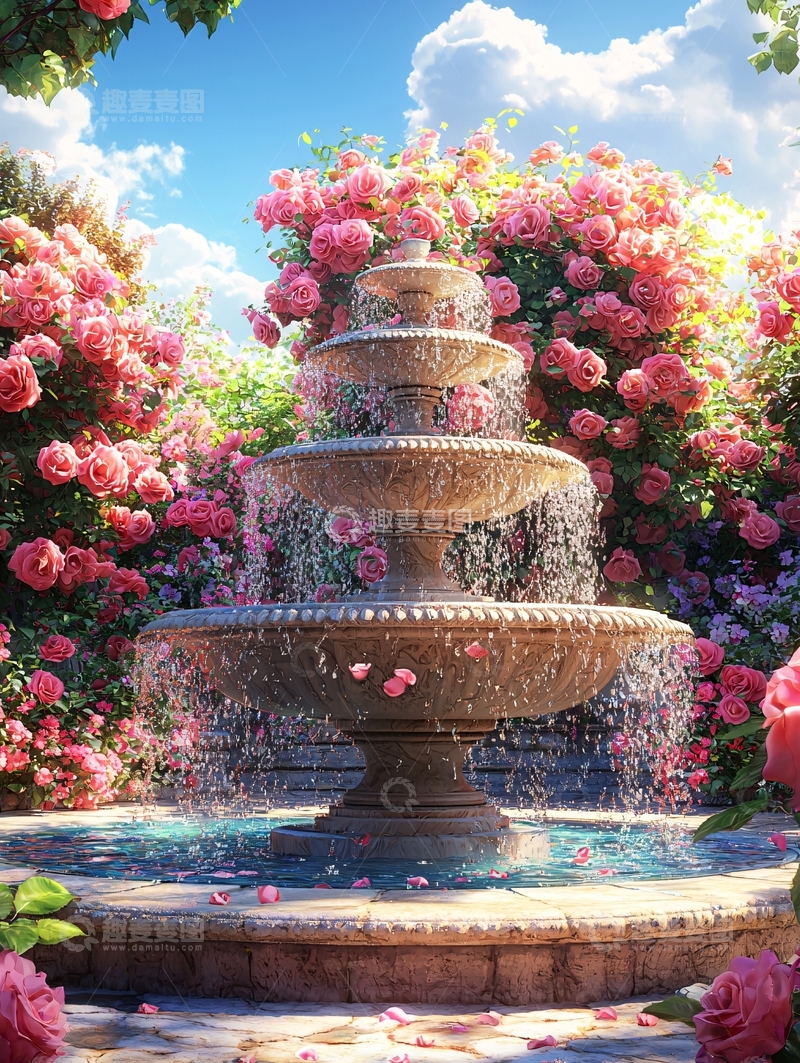 高清大图下载【趣麦麦图】玫瑰花环绕的喷泉