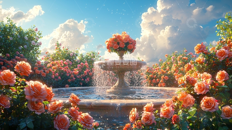 高清大图下载【趣麦麦图】鲜花环绕的喷泉