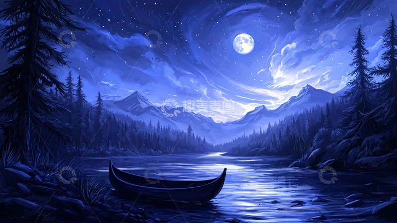 高清大图下载【趣麦麦图】蓝色月光下的湖面小船