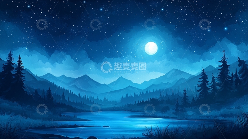 高清大图下载【趣麦麦图】宁静夜空下的山水