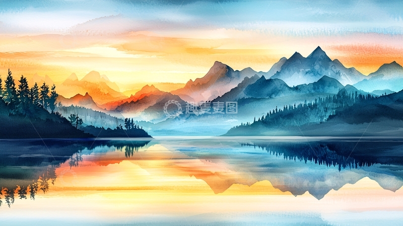 高清大图下载【趣麦麦图】水彩山水倒影风景