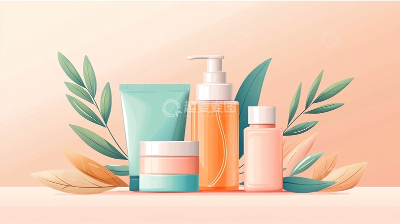 高清大图下载【趣麦麦图】护肤品集合与绿叶装饰