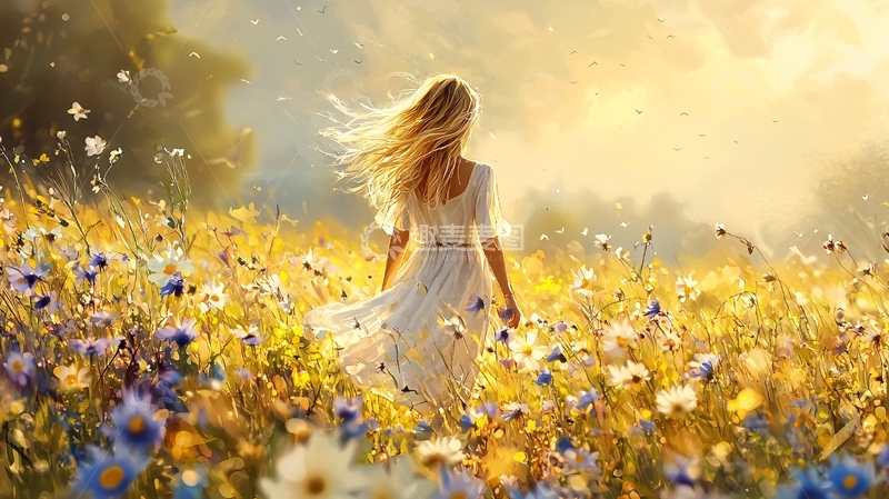 高清大图下载【趣麦麦图】田野里白裙少女的背影