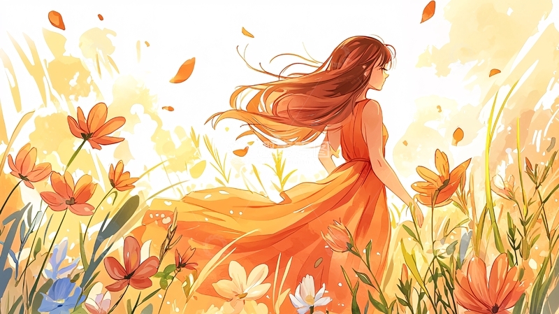 高清大图下载【趣麦麦图】橙色长发女子在花丛中