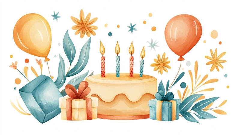 高清大图下载【趣麦麦图】生日蛋糕气球和礼物