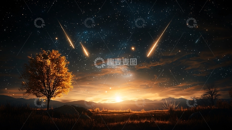 高清大图下载【趣麦麦图】流星划过夜空下的树
