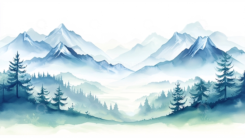高清大图下载【趣麦麦图】水彩远山森林朦胧唯美