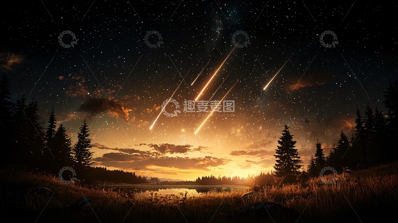 高清大图下载【趣麦麦图】流星划过夜空森林湖泊