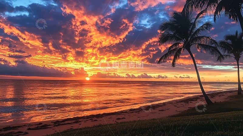 高清大图下载【趣麦麦图】海边日落椰树唯美天空