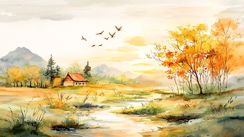 高清大图下载【趣麦麦图】秋日田园水彩风景画