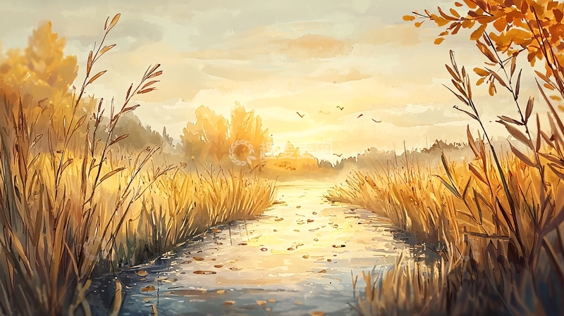高清大图下载【趣麦麦图】金色秋日田野小河景色