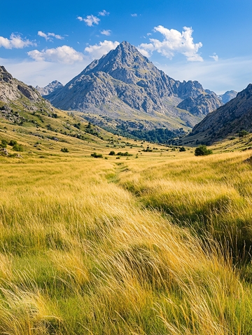 壮丽山峰下的金色草甸
