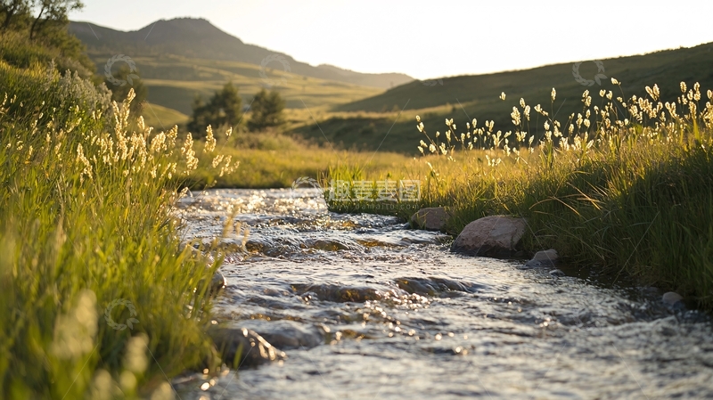 高清大图下载【趣麦麦图】阳光下的河流草地山丘