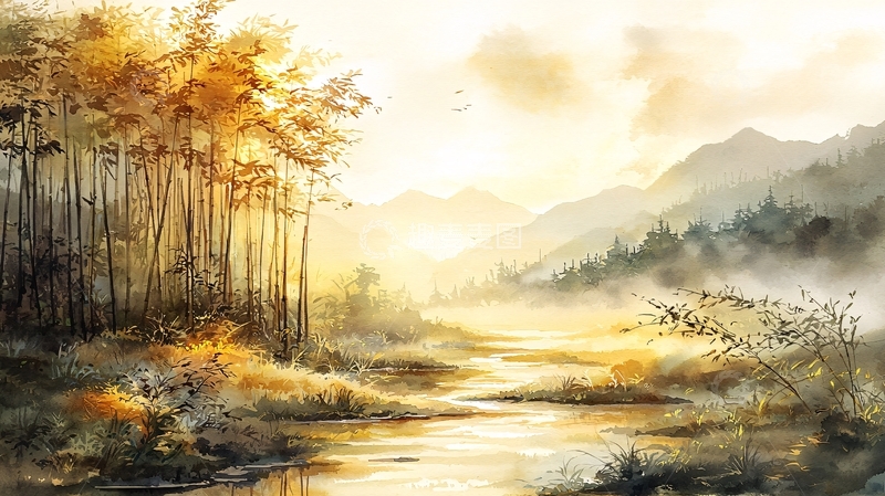 高清大图下载【趣麦麦图】秋日金色山水画