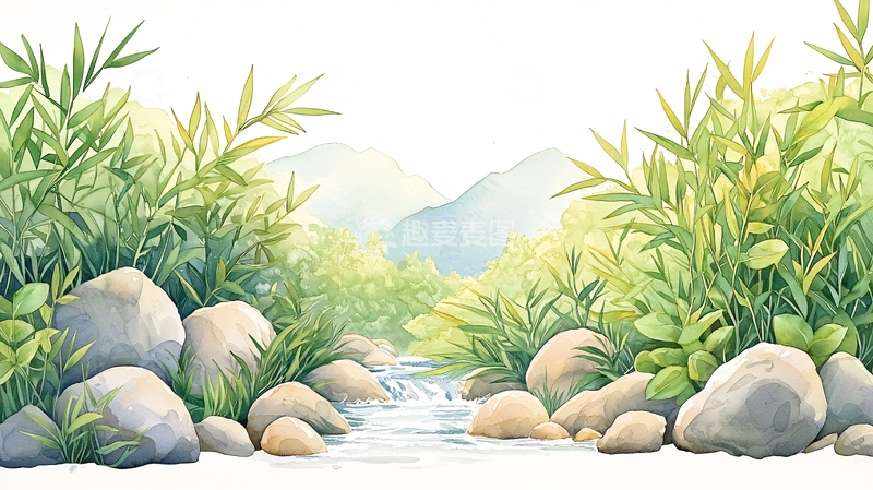 高清大图下载【趣麦麦图】小溪边绿植石头风景画