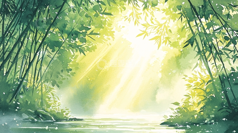 高清大图下载【趣麦麦图】阳光穿透竹林的清新水景