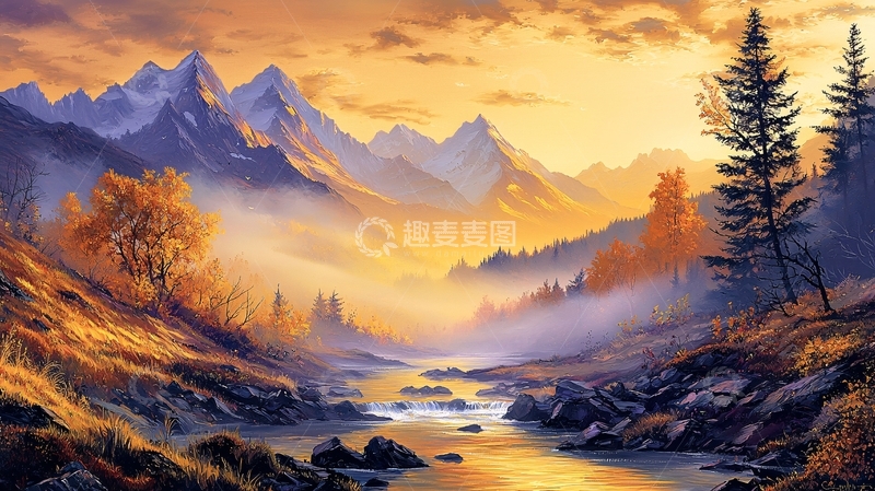 高清大图下载【趣麦麦图】山间溪流日落美景