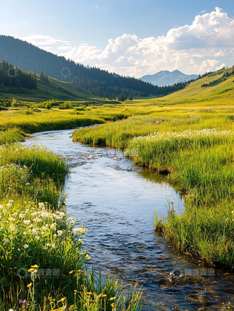 高清大图下载【趣麦麦图】蜿蜒的河流穿过草地