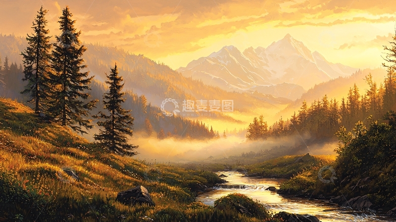 高清大图下载【趣麦麦图】山间薄雾笼罩下的河流景色