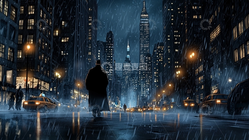 高清大图下载【趣麦麦图】雨夜城市中的孤独身影