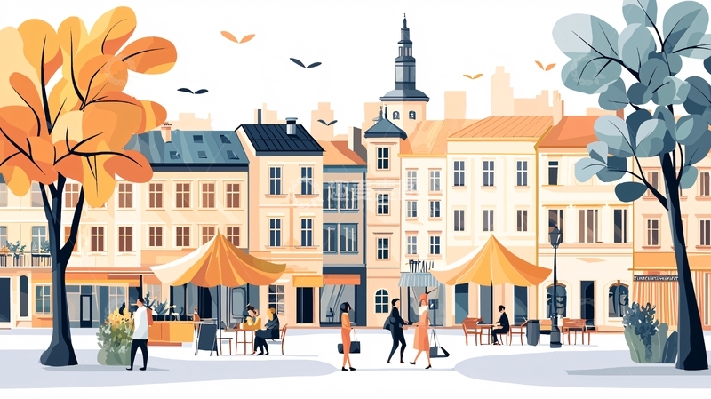 高清大图下载【趣麦麦图】城市街道秋景插画