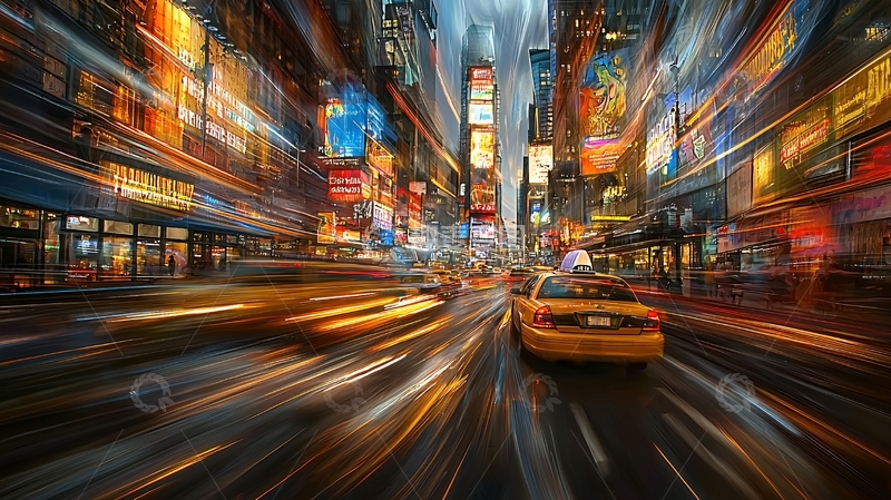 高清大图下载【趣麦麦图】夜晚城市街道上的出租车