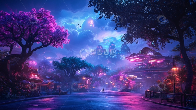 高清大图下载【趣麦麦图】梦幻紫蓝色夜景小镇
