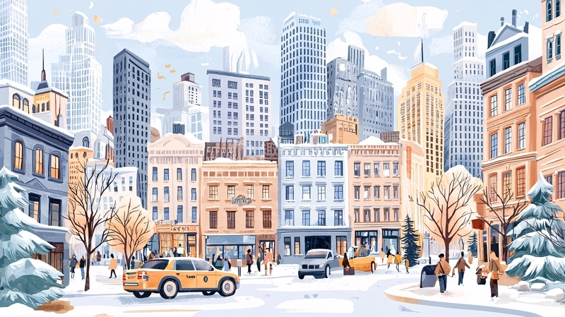 高清大图下载【趣麦麦图】冬季城市雪景卡通画