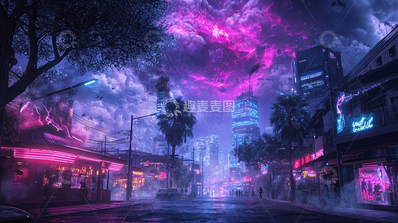 高清大图下载【趣麦麦图】赛博朋克城市夜景