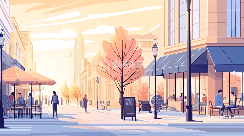 高清大图下载【趣麦麦图】秋日阳光下的咖啡馆街道