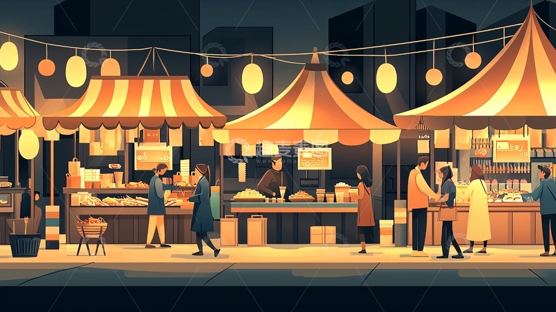 高清大图下载【趣麦麦图】夜晚市集灯光温暖氛围
